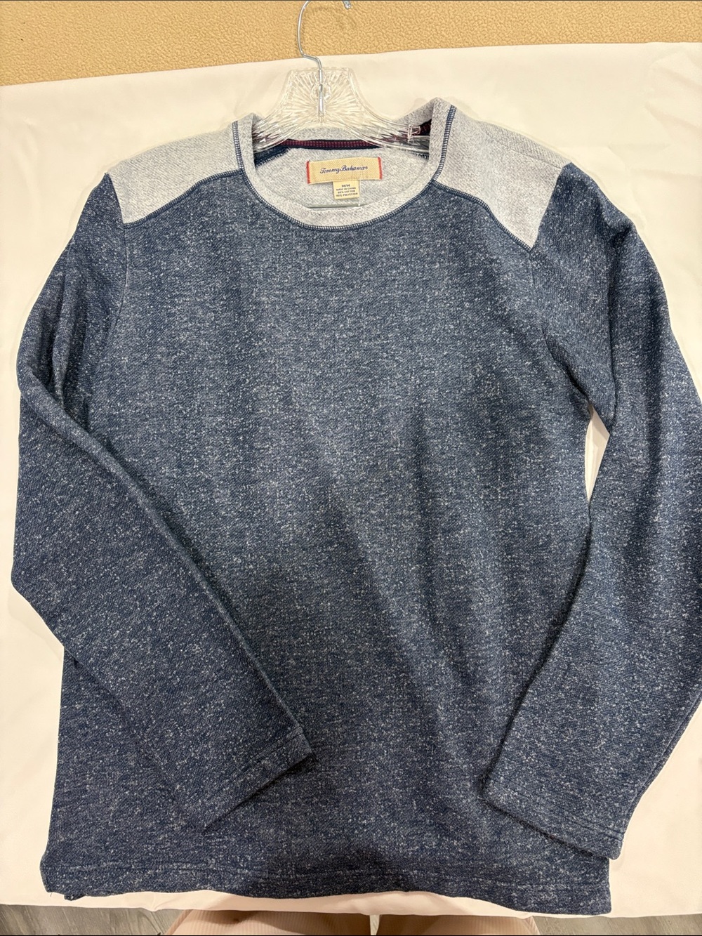 Tommy Bahama Navy Heather Crewneck with Light Gray Shoulder Panels